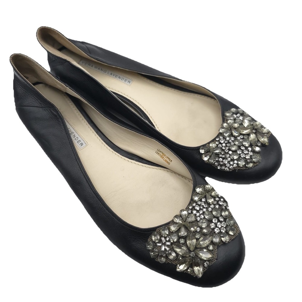 VERA WANG LAVENDER Women's 9M Black Calf Leather Rhinestone Embellishment Flats